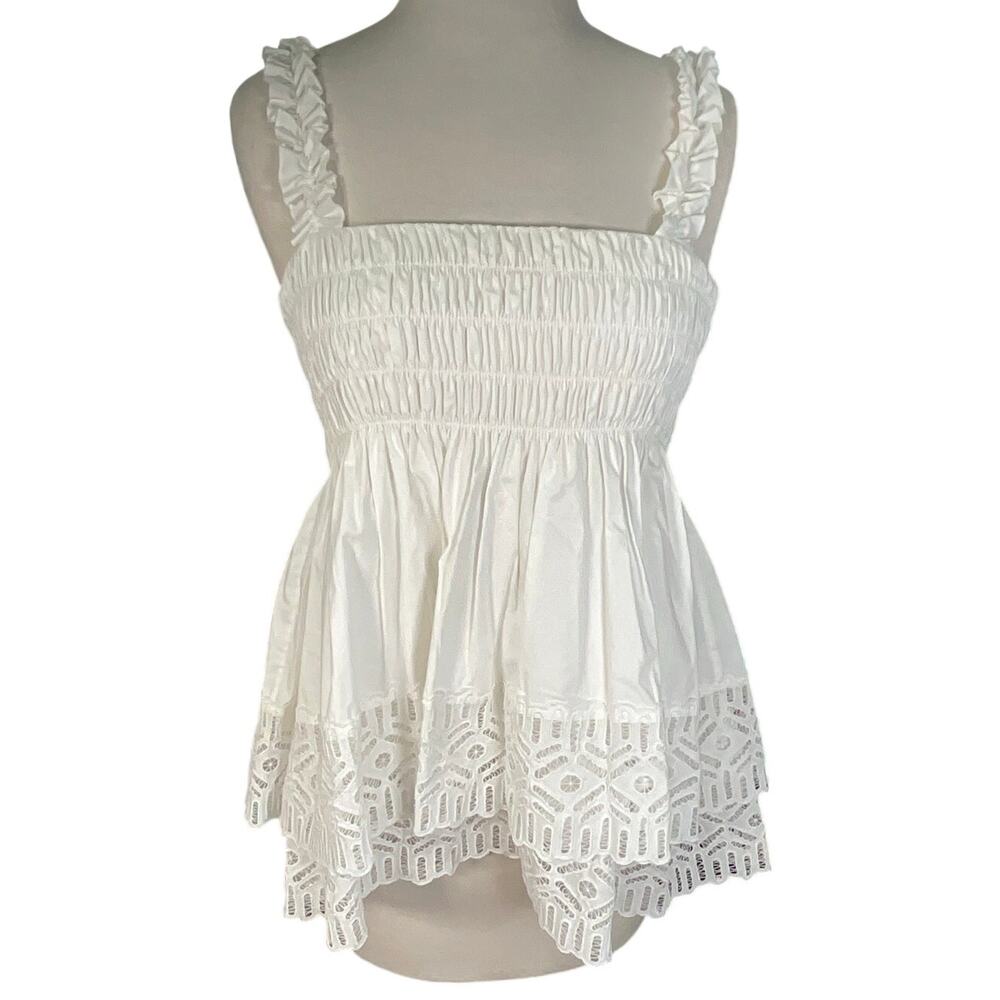 Tory Burch Babydoll White Eyelet Smocked Ruffle Strap Top Blouse Size 6 NWOT